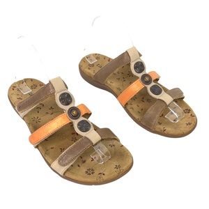 Taos Prize 2 tan peach leather slip on adjustable straps comfort sandals